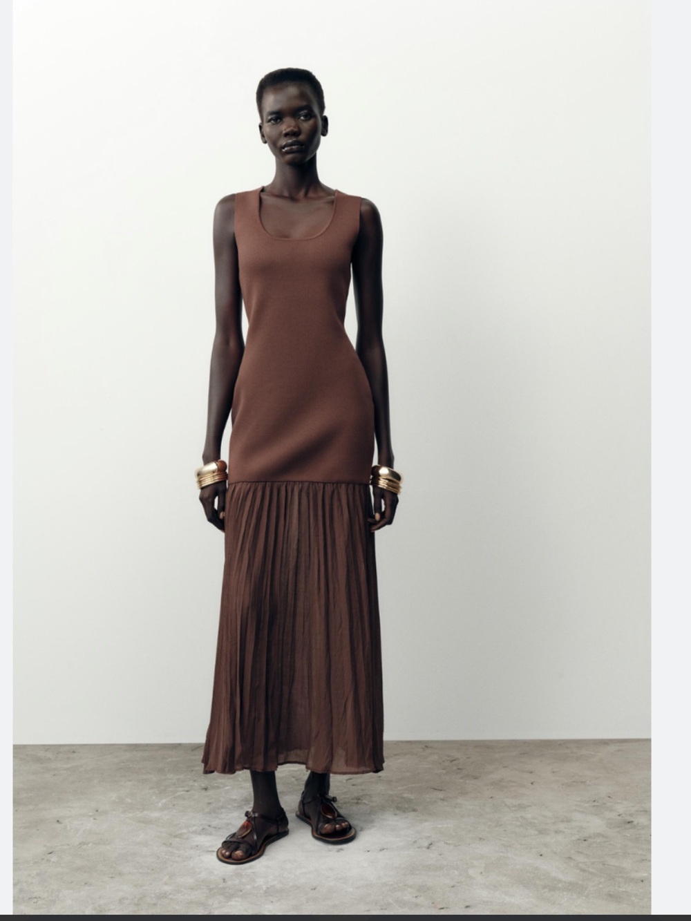 Brown Sleeveless Drop Waist Pleated Hem Maxi Dress Size L